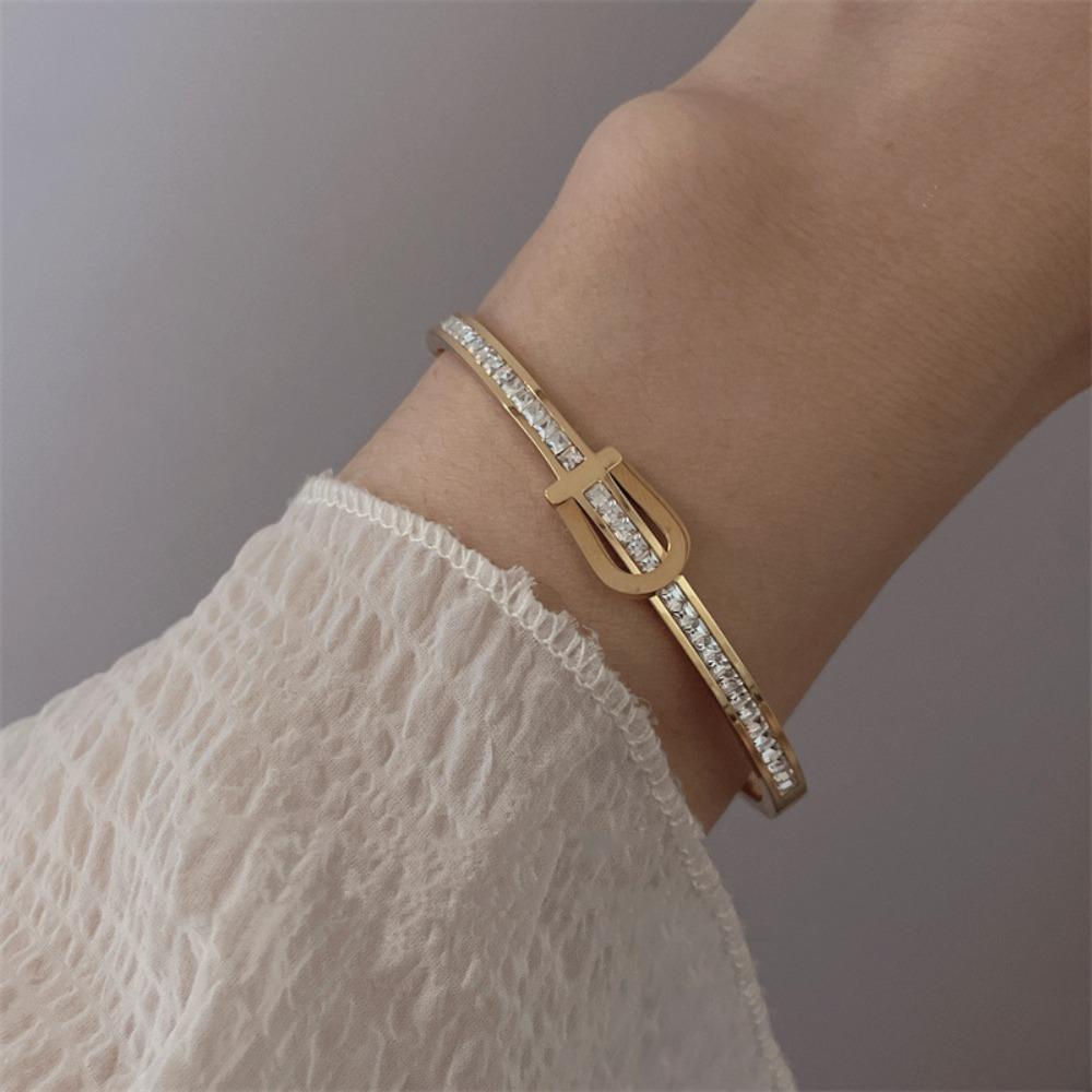 Glitter Rhinestone Inlay Bangle Shiny Women's Open Bracelet U Shape Clasp Bracelet  Couple