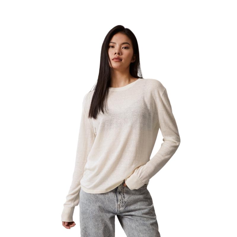 Calvin Klein Simple White Summer Collection Casual Solid Color Crew Neck Pullover Long Sleeve Knit Sweater Women sweater Oatmeal-White 40WK341