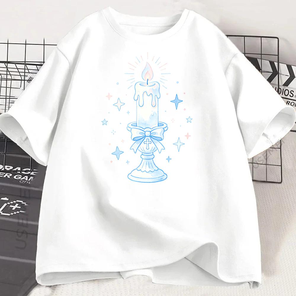 Kawaii Candle Graphic T Shirt Women Cute Blue Bow Candle Print Tee Gothic Aesthetic Short Sleeve Casual Loose Top Women Clothes