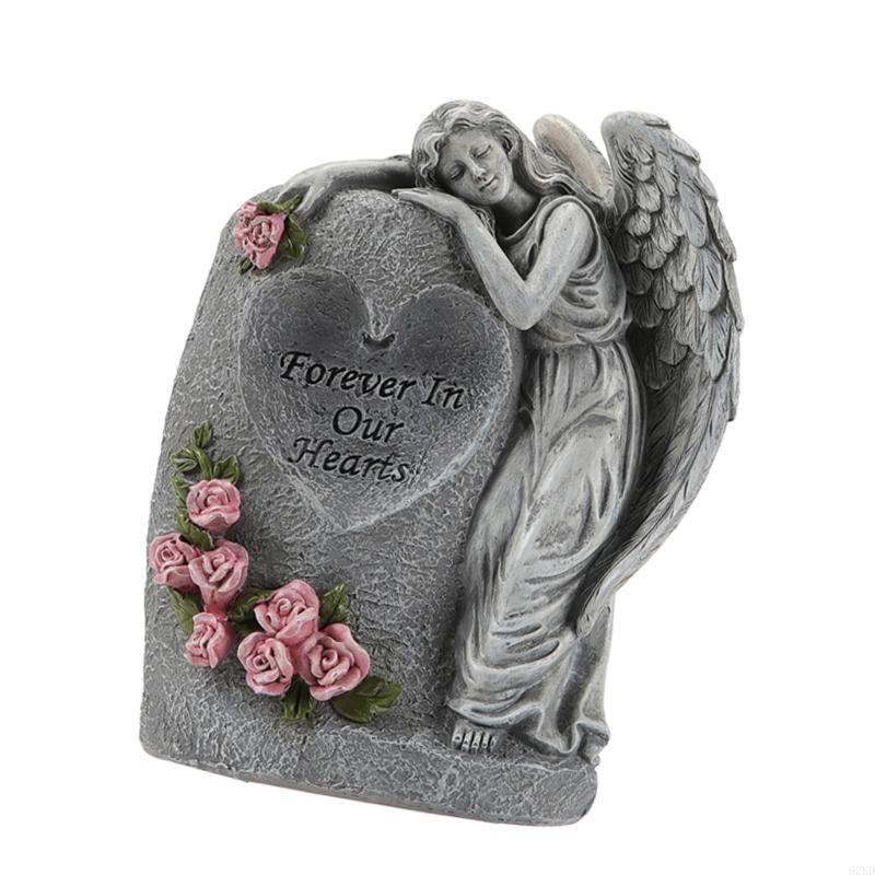 62KD Solarbetriebene Engelskulptur Gedenkvase Wetterfeste Harze Grabdekoration für Friedhofsgarten Außenbereich