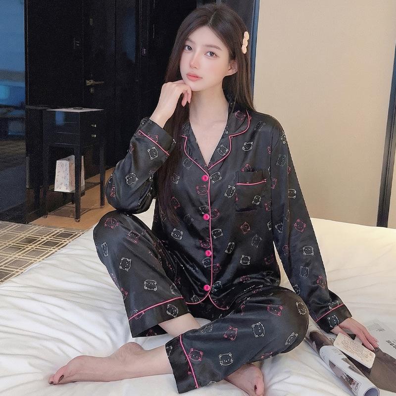Ice Silk Pajamas Women'S Spring And Summer Thin Long-Sleeved Trousers Fashion Cool Cardigan Loungewear Suit Can Be Worn Outside