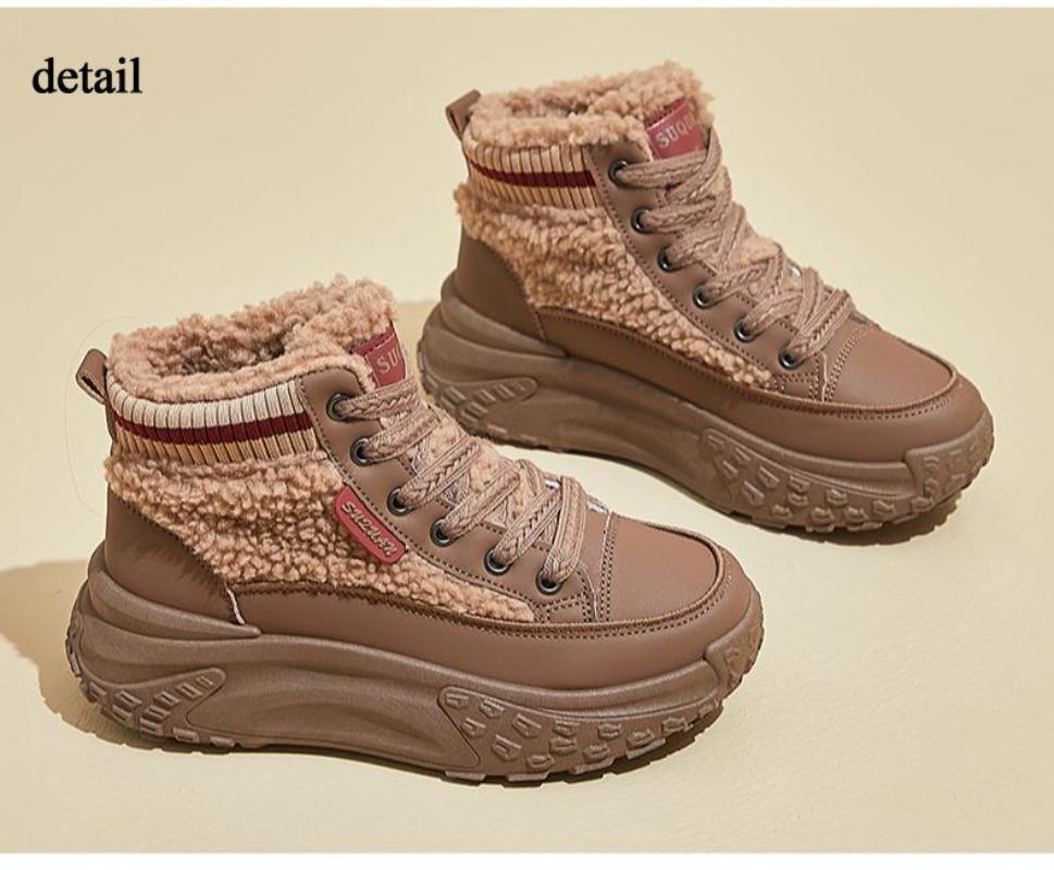 Women Winter Warm Faux Fur Lined Chunky Platform Lace Up Anti Slip PU Leather Ankle Snow Booties
