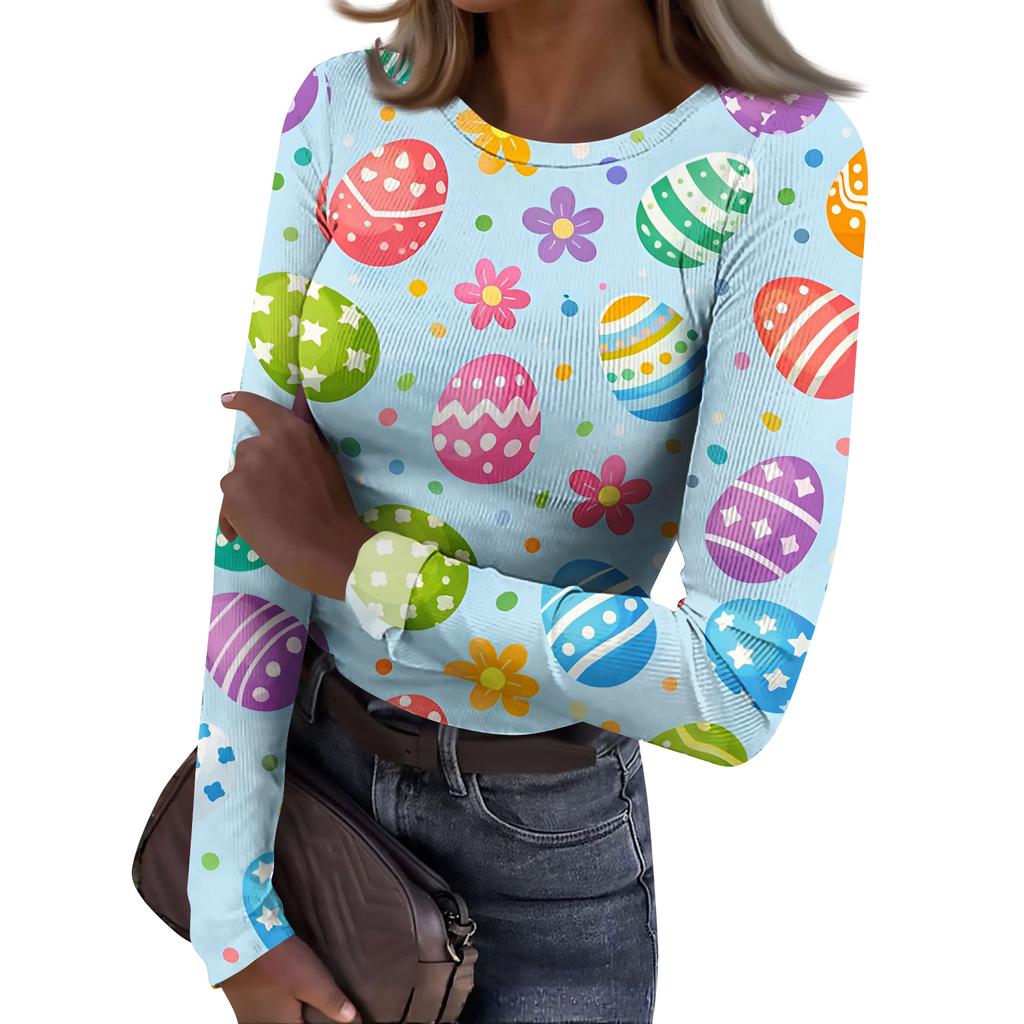 Women's And Winter Slim T-shirt Fashion Casual Printing Round Neck Pullover Long Sleeve Top