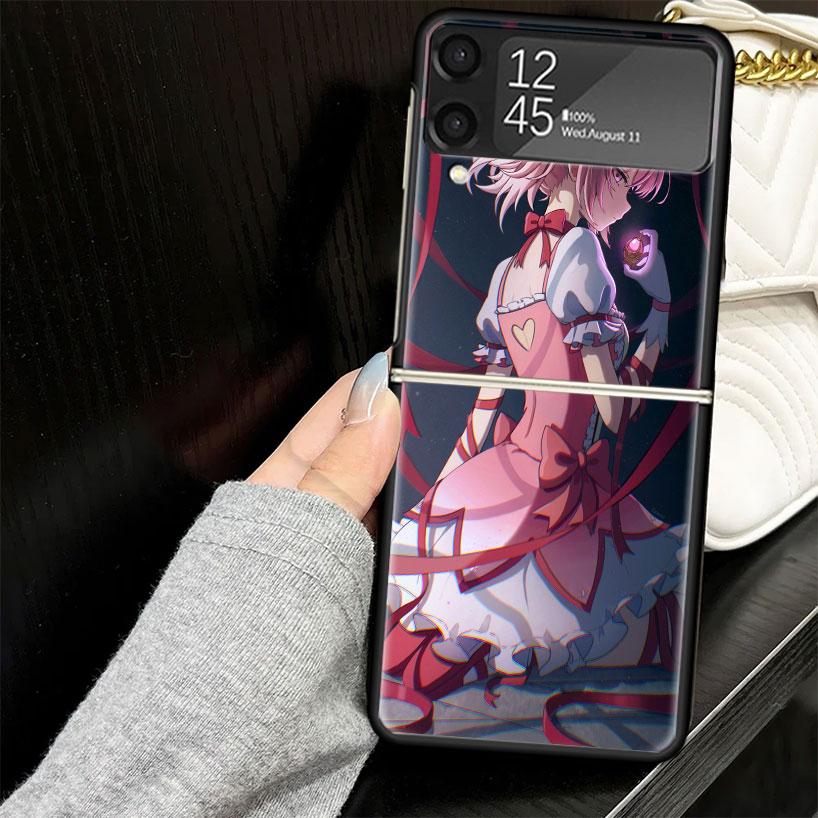 Madoka Magica Anime Case for Samsung Galaxy Z Flip7 Flip6 Flip5 Flip4 Flip3 5G Hard Phone Shell Z Flip 7 6 5 4 3 Black Cover