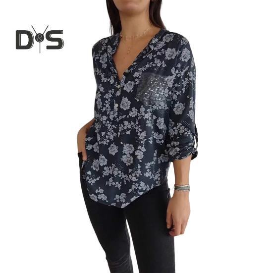 

Женская рубашка с принтом, повседневная блузка с длинным рукавом и лацканами, женская однобортная рубашка в уличном стиле для работы, поездок на работу, свиданий, путешествий, вечеринок S синий