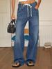Damen High Waist Baggy Weite Beine Jeans Kordelzug Boyfriend Denim Hose