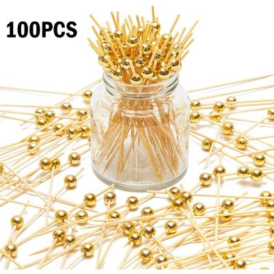 Gold Pearl Cocktail Picks, Electro -plated Bead Fruit Fork(4.7 Inches, 100 Pack)