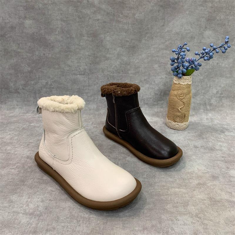 Flat Bottom Round Head Retro Zipper Snow Boots Women's Autumn and Winter New Velvet Thickened Fur Warm Integrated Short Boots