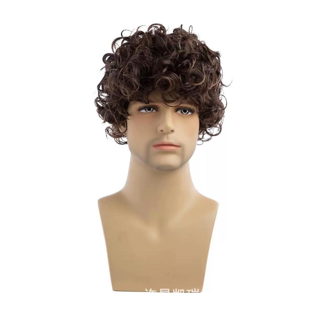 Men's Short Curly Wig, Brown Synthetic Hairpiece for Daily & Party