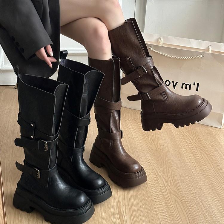 [Fanfna] Maillard brown boots women's big tube circumference thick-soled heightening western cowboy tall knight boots