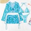 Women Bikini 4 Piece Set Tie Dye/Mesh Lace Long Sleeved Top Skirt Bottom Halter Bikini 2025 New Sexy Slim Beachwear Size S-XL
