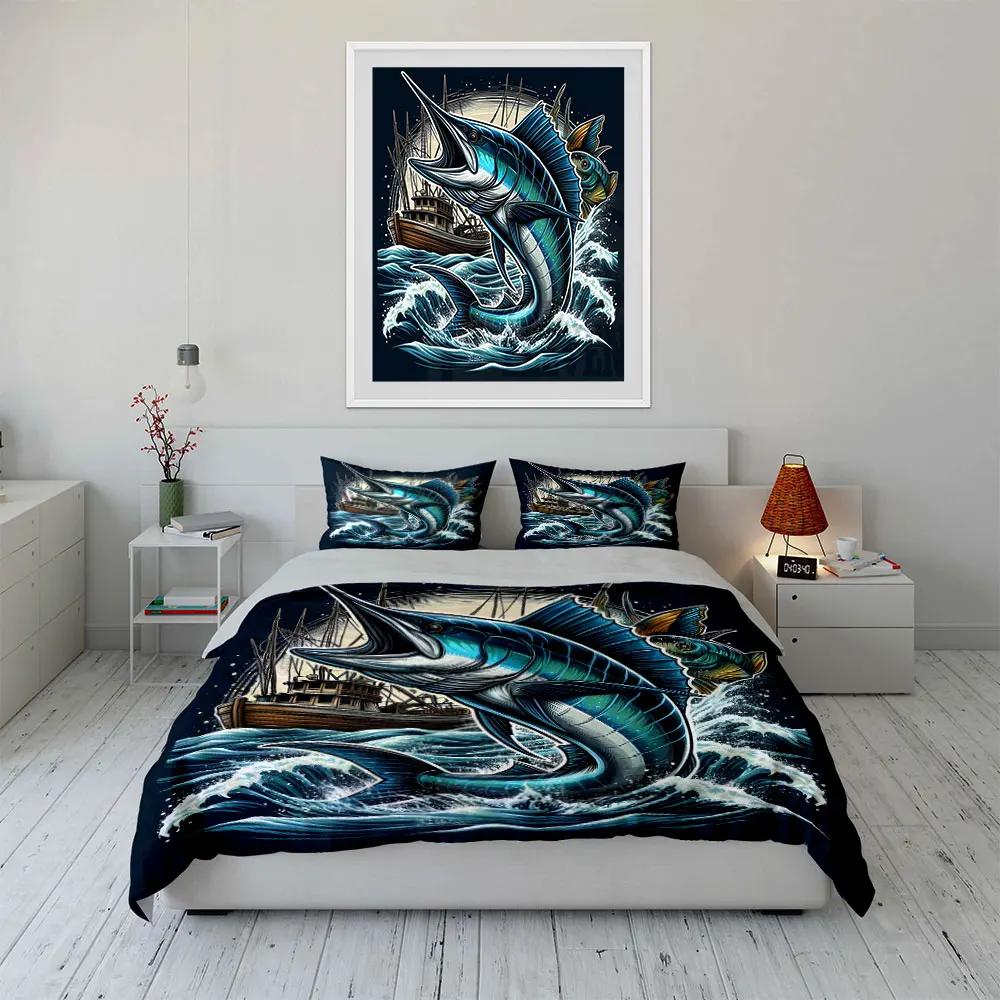 "Fishing-Themed Nautical Decor Set" Multiple sizes kid's and adults' bedroom Exquisite 3PC bedding set, gift