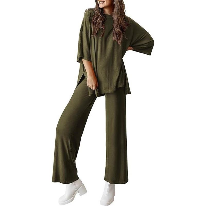 Women's 2 Piece Outfit Oversized Half Sleeve Top Wide Leg Pants Set Casual Loungewear