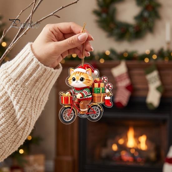 Christmas Stocking Tags Cat Pendant with Hanging Rope, 2D Flat Acrylic Ornament for Xmas Tree Cute Kitty Decor Decoration, Holiday Decor, Party