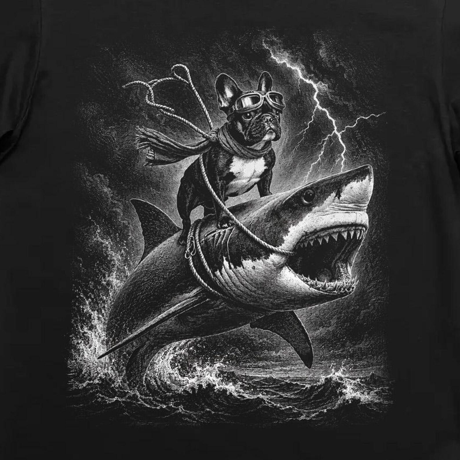 Ride The Bite Frenchie T-Shirt Funny French Bulldog Shark Storm Meme Dog Tee M