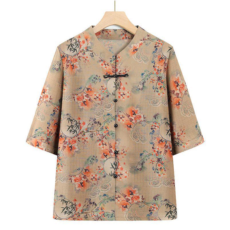 Retro Koszula Bawełniano-Lniana w Kwiaty Plus Size dla Kobiet - Rękaw Siedmiopunktowy, Luźny Krój, Idealna dla Mam w Średnim Wieku i Starszych