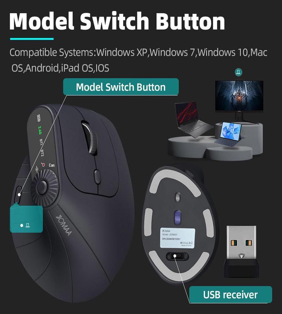 JOMAA Ergonomische kabellose Bluetooth wiederaufladbare vertikale leise Maus