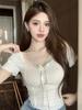 Lace v-neck short-sleeved T-shirt women's summer new bow pure desire wind spice girl tight short top
