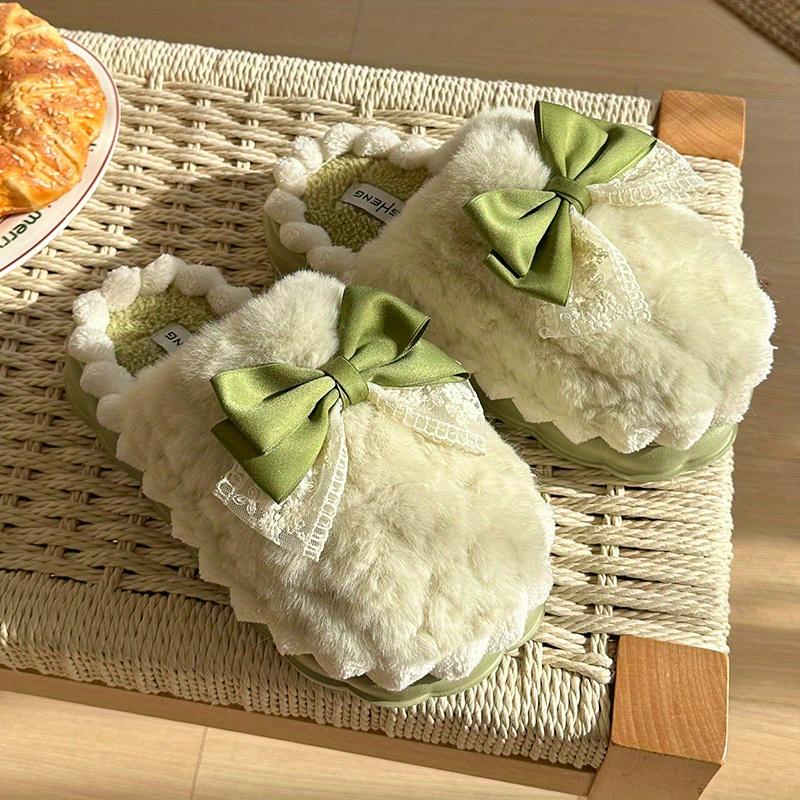 Women's Plush Slip-On Moccasin House Shoes, Cozy Thick Plush Lining with Bow Accent & Soft Fabric Upper, Non-Slip Indoor/Outdoor Winter Slippers