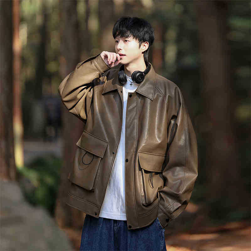 Lapel Pu Leather Jacket Men's Spring and Autumn Outdoor Loose Leather Jacket