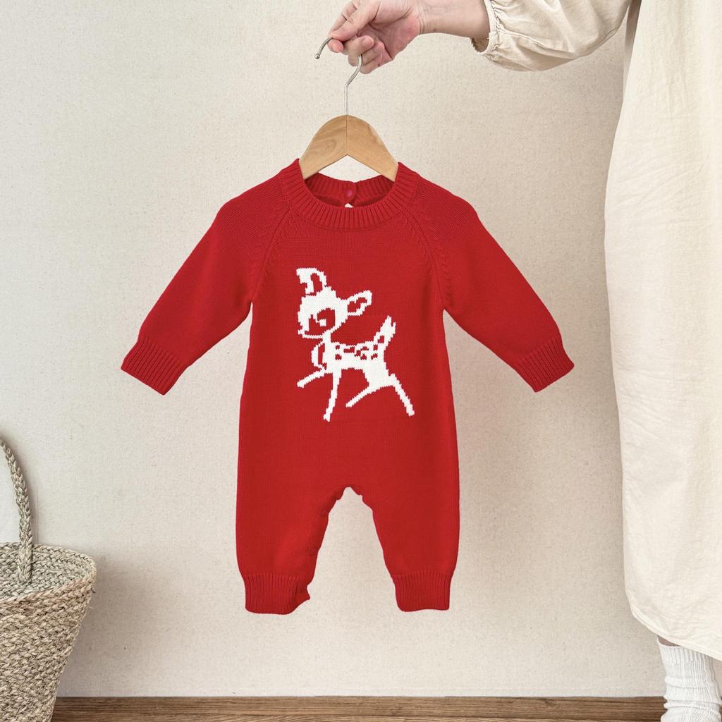 Best-Selling Knitted Plum Blossom & Deer Romper for Babies - Pure Cotton Spring & Autumn Suit for Boys and Girls (Full Moon, One Year Old)