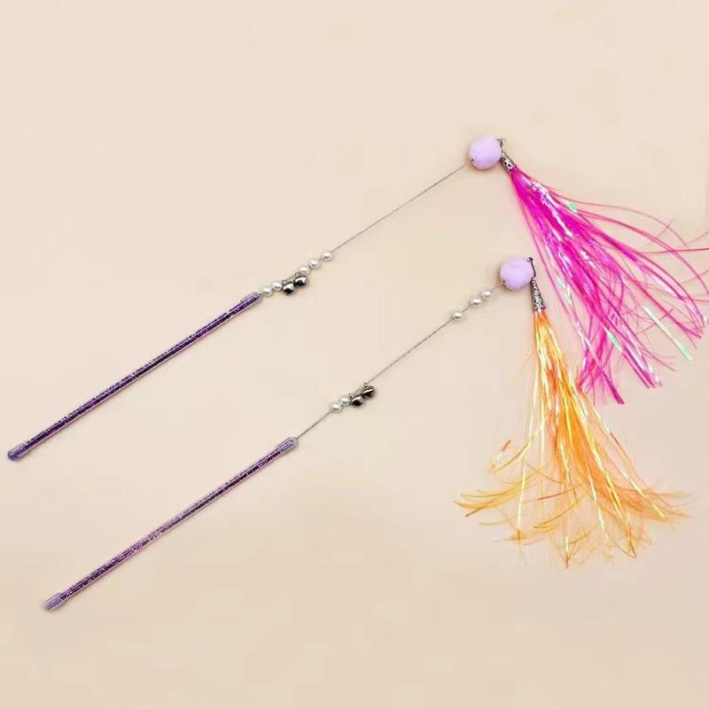 Wire Teasing Cat Stick Long Pole Feather with Bell Fairy Stick Bite Resistant Training Teaser Wand Kitten Toy Pet Supplies