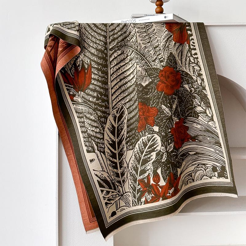 Style Floral Lines Texture Fashion Printing Double-Sided Imitation Cashmere Warm Scarf Women'S Outer Shawl
