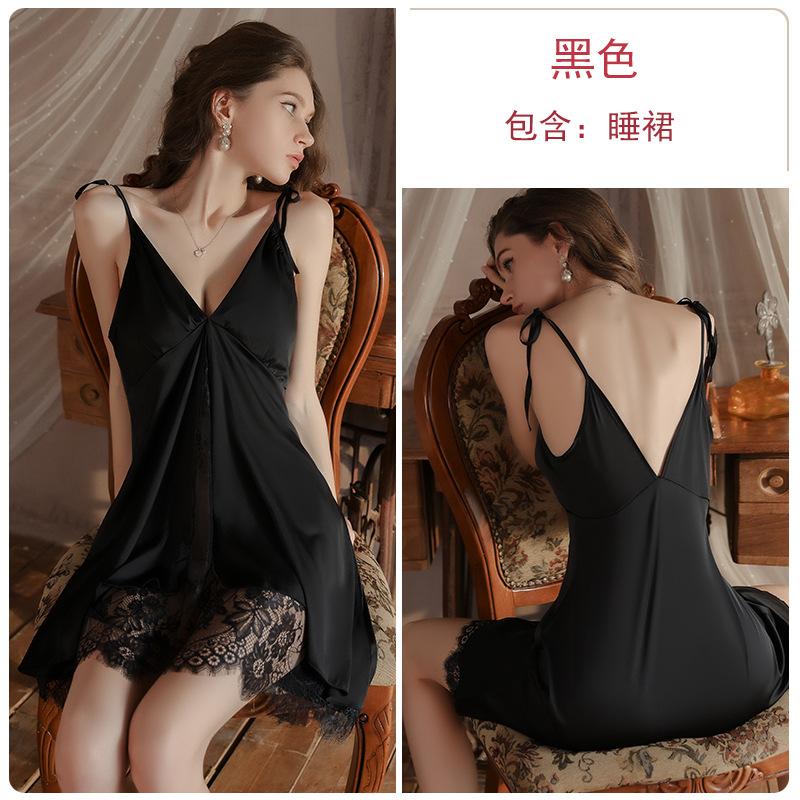 Pure desire low chest gathering plus chest pad lace slit mesh pajamas suspenders nightgown robe set M