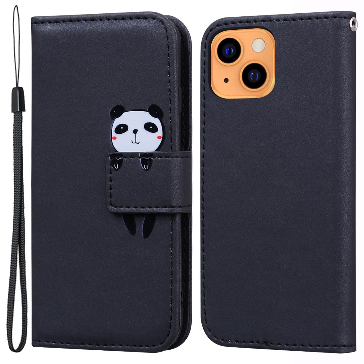 

For iPhone 13 6.1 inch Cartoon Animal Pattern Cell Phone Cases with Strap PU Leather+TPU Cover Black