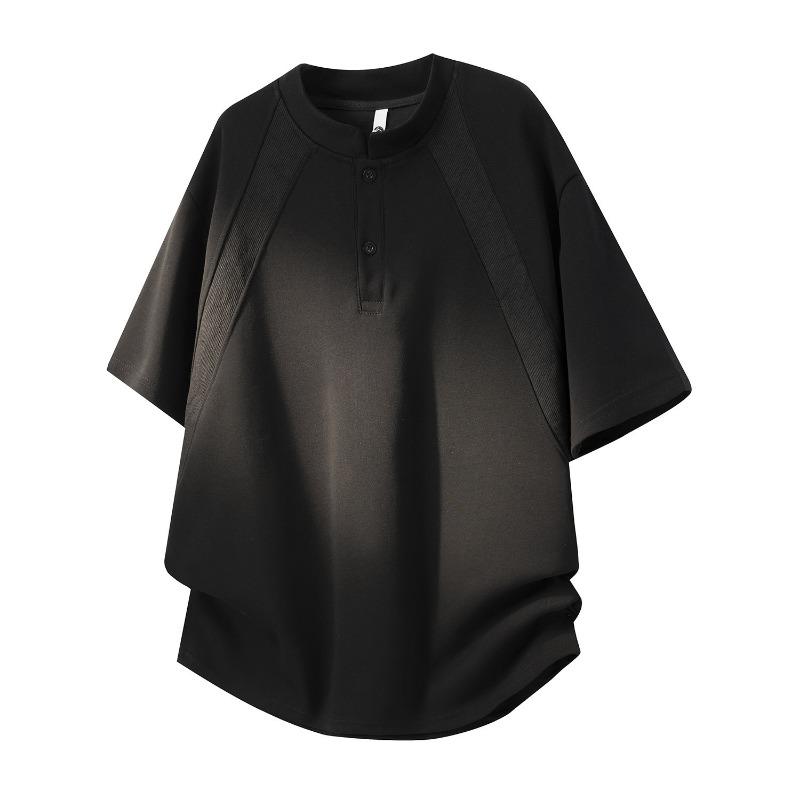 Men Mandarin Collar Henley Short Sleeve T Shirt Casual Loose Fit Summer Top