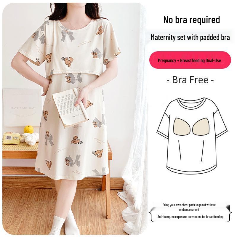 Pure Cotton Short Sleeve Nightgown for Pregnant & Postpartum Women - Breastfeeding Friendly