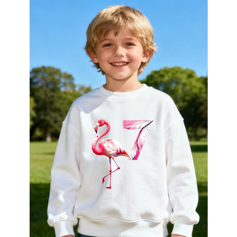 Casual Unisex Sweatshirt for Kids Featuring a Flamingo And The Number Seven, Available in Black, White, And Pink