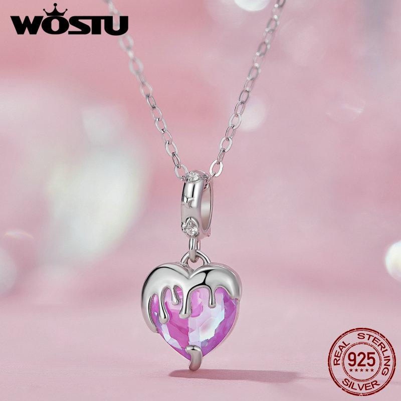 WOSTU 925 Silver Pink Girl Butterfly Charm Car Bead Rainbow Heart Pendant Fit Necklace Bracelet DIY Birthday Jewelry Making