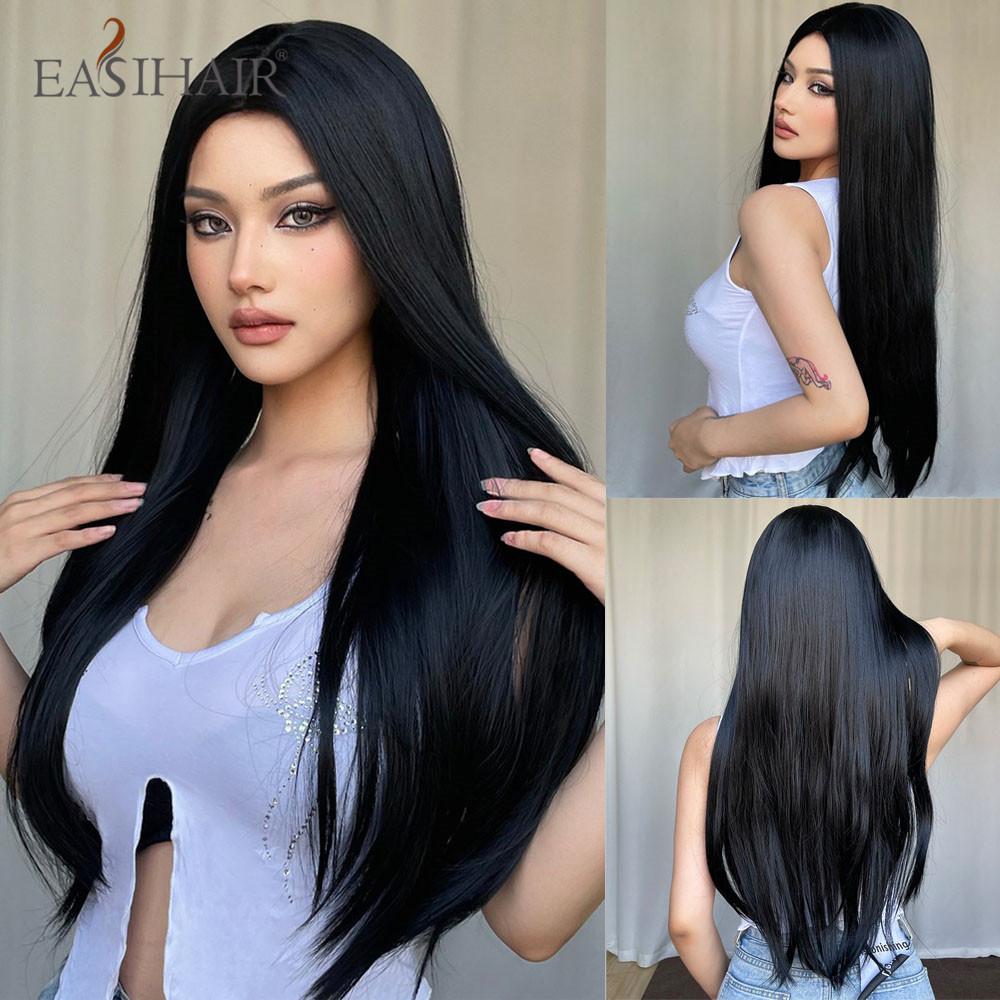 Synthetic Layered Wig Long Rose Gold Straight Wigs with Bangs Blonde Cosplay Party Natural Hair Wigs for Women Heat Resistant
