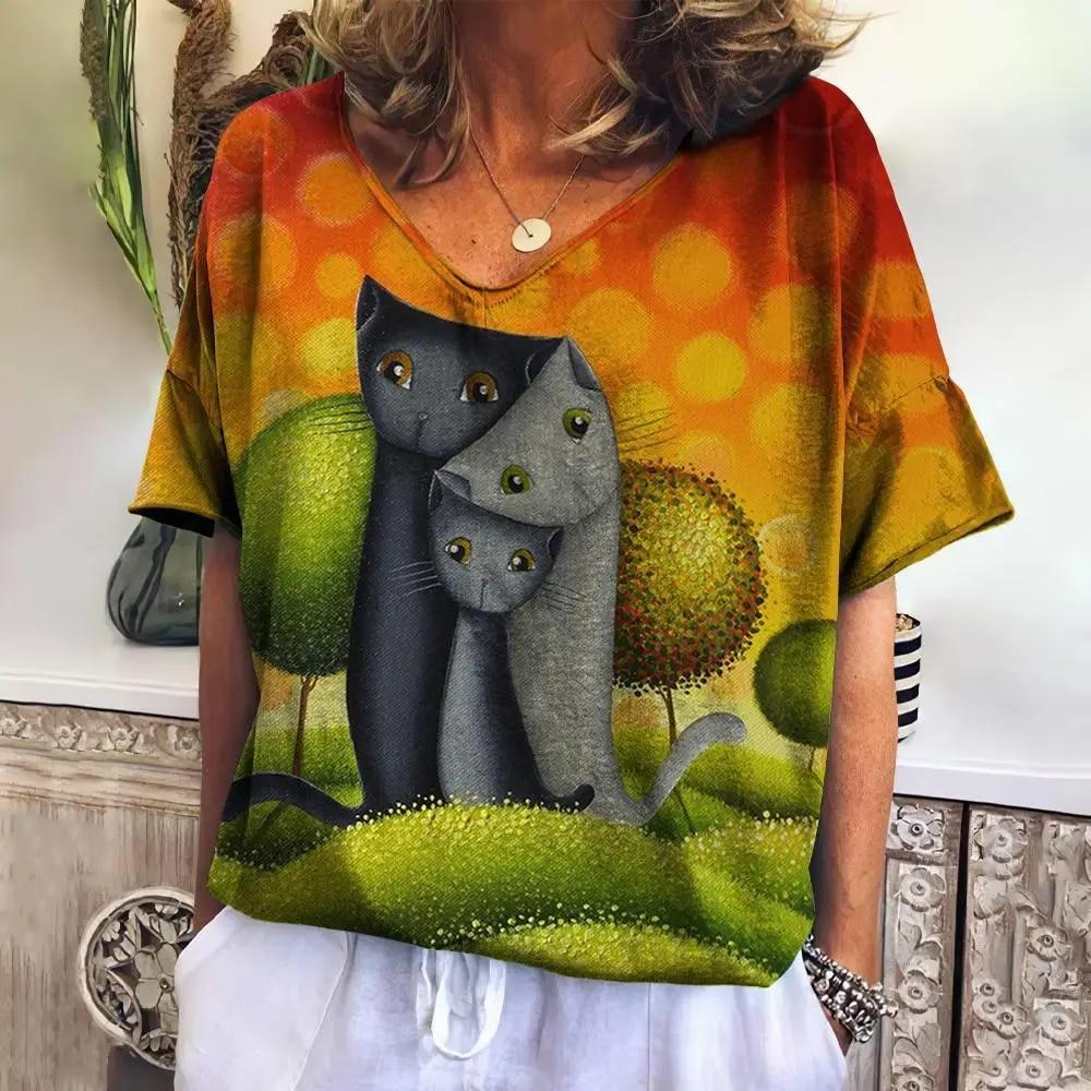Women's T-shirt Cartoon Cat 3D Print Loose Leisure Summer Short Sleeve V-Neck Kawaii Tee Shirts With Cat Funny Femininity Clothing