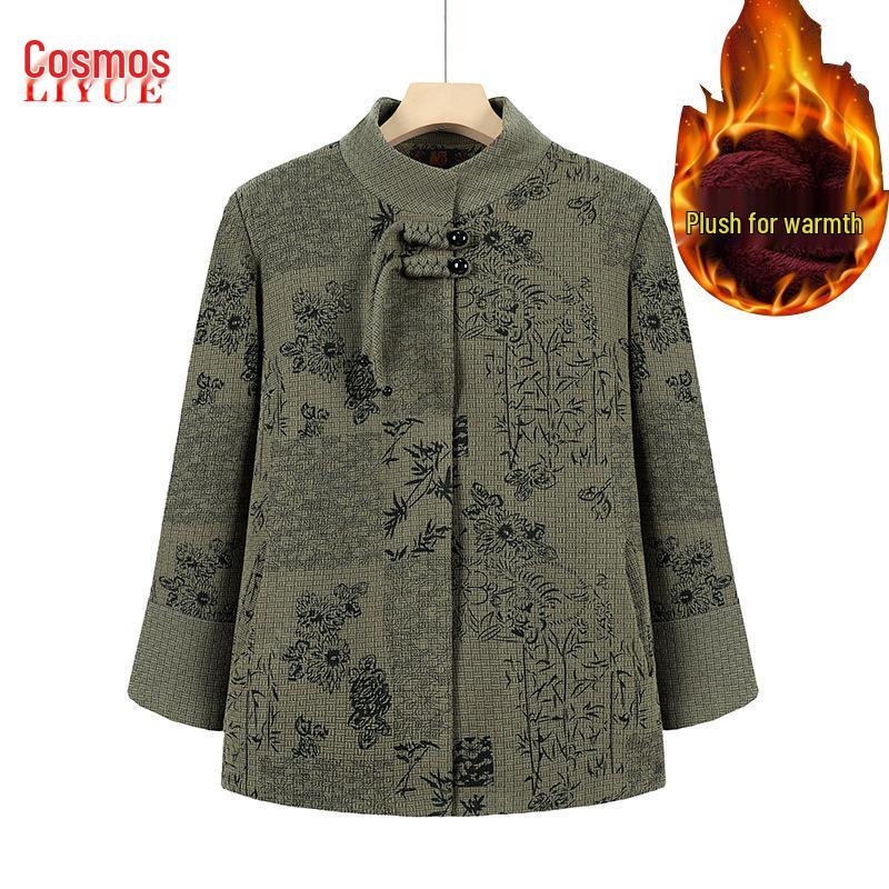 Μοντέρνο μάλλινο παλτό κινεζικού στυλ για γυναίκες μέσης ηλικίας και ηλικιωμένες - Παλτό εξωτερικού χώρου από παχύ βελούδο για φθινόπωρο και χειμώνα