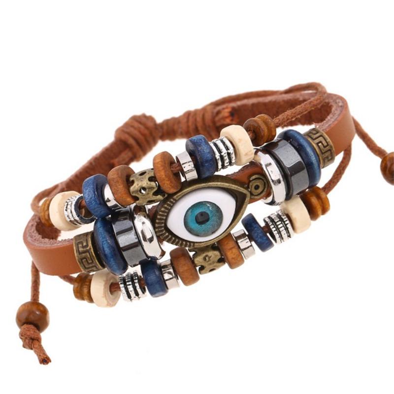 European & American Beaded Eye Cowhide Bracelet - Adjustable Genuine Leather Jewelry for Men & Women.