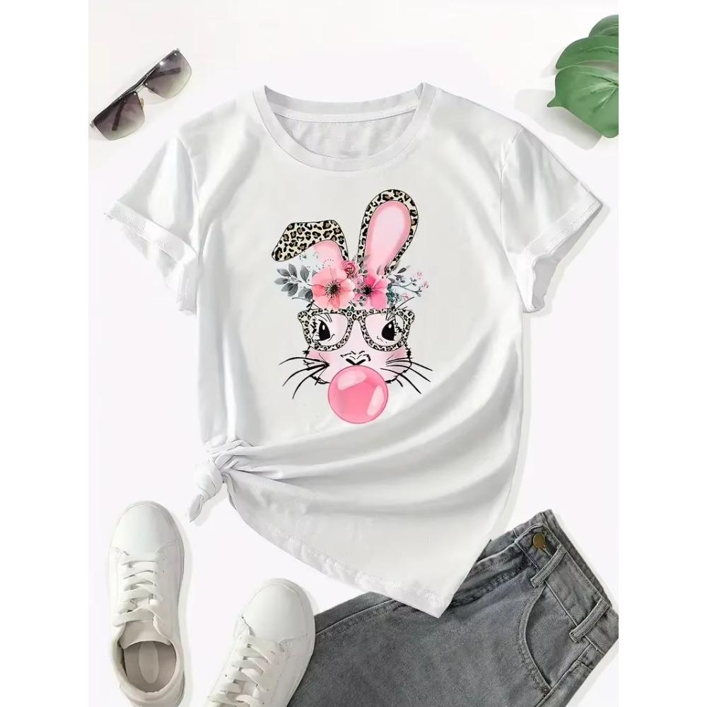 Rabbit Print Crew Neck T-Shirt Casual Short Sleeve Top For Spring Summer Women's Clothing Street Sports O Collar Ladies Shirt