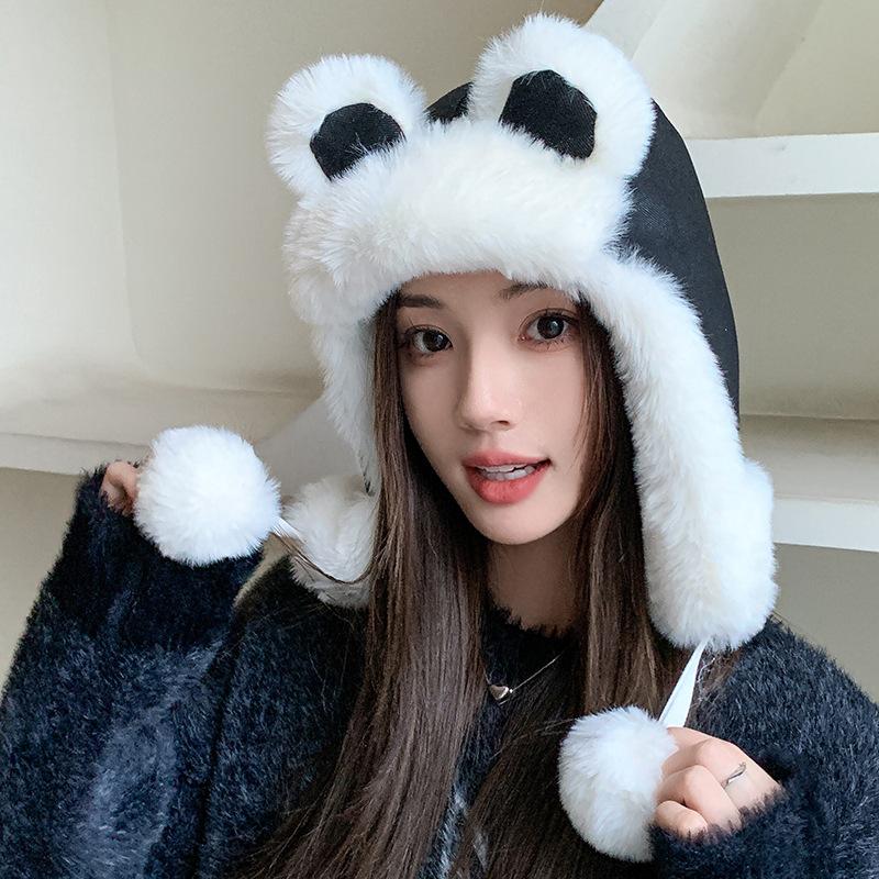 

Winter Hairball Lei Feng Hat Women s Outdoor Travel Cold-proof Plush Hat Cute Sweet Rabbit Ear Warm Hat чорний