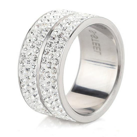 Stylish 12MM Stainless Steel Double Row Rhinestone Ring Size 6.5