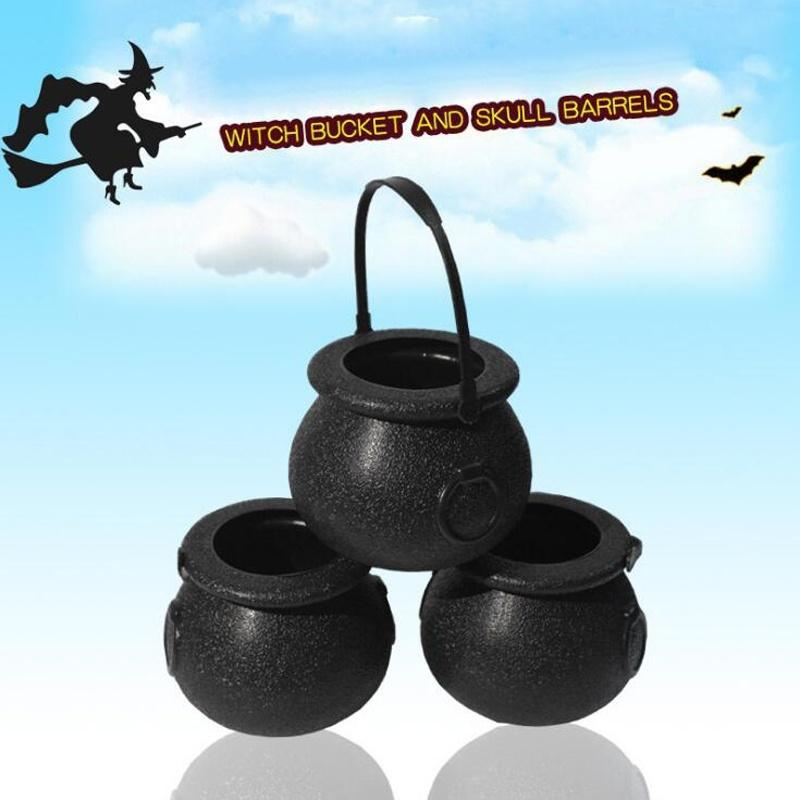 2Pcs/Lot  Black+White Plastic Candy Jar Skull Witch Cauldron Candy Kettle Halloween Party Hanging Pro