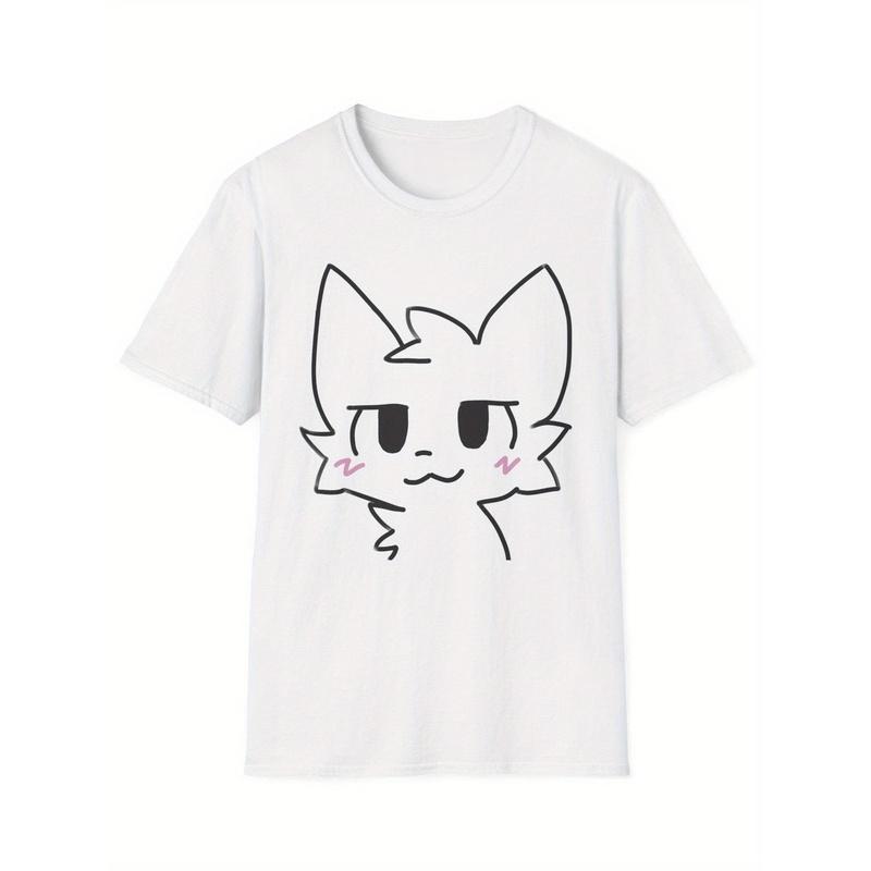 Boykisser White T-Shirt with Illustration Print - Cute Anime Face Design, Expressive Eyes And Rosy Cheeks, Soft And Loose Fit, Streetwear Style,