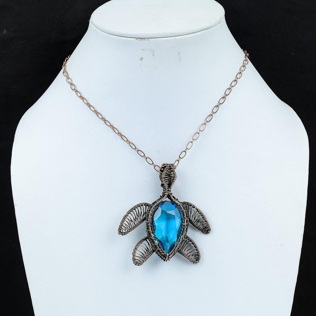 Dazzling Blue Topaz Gemstone Handmade Copper Wire Wrap Jewelry Amazing Turtle Shape Pendant