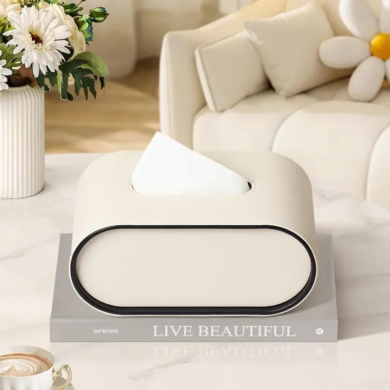 Paper Box Light Luxury High-end Living Room Creative Oval Leather Tissue Box Bedroom Desktop Napkin Storage Box Organization