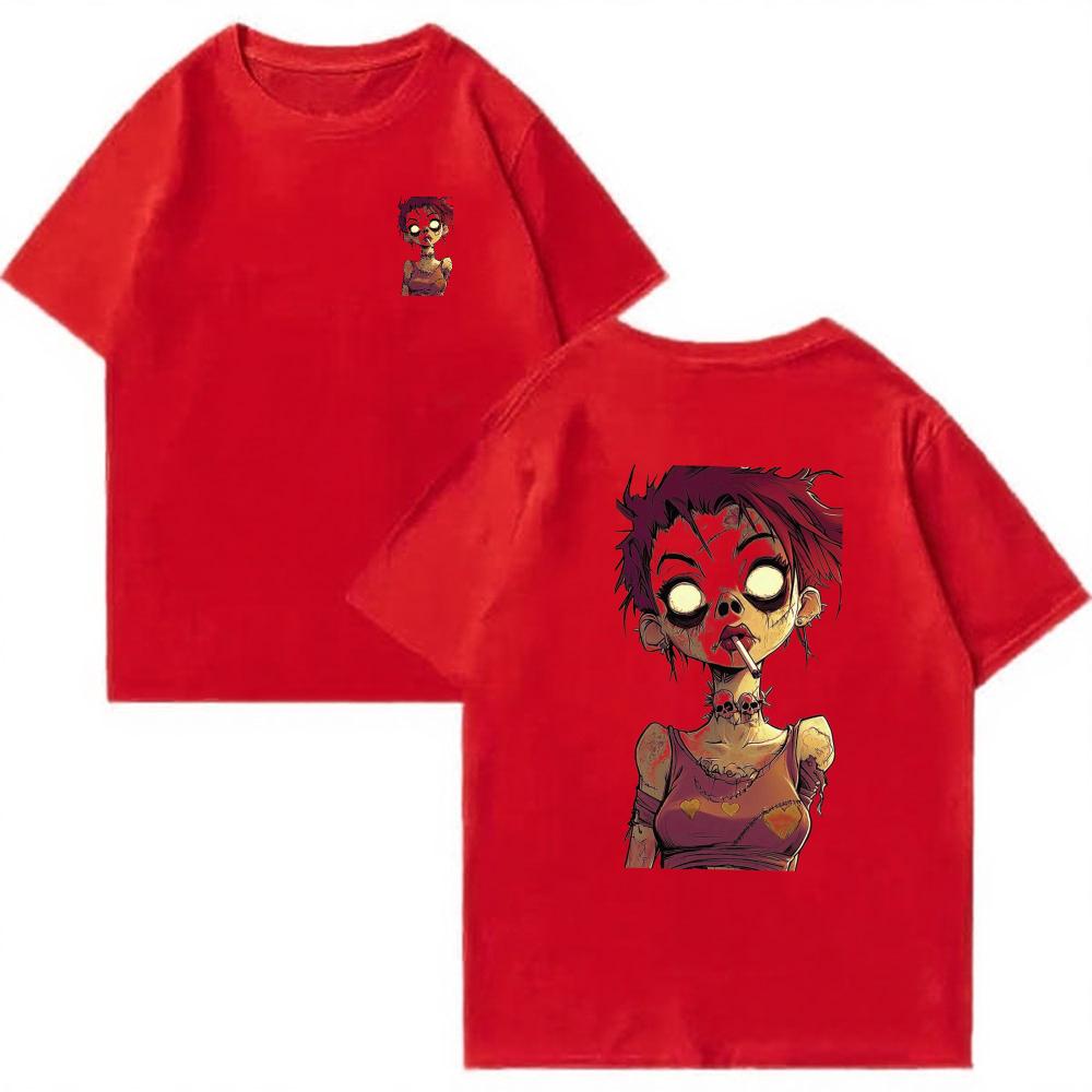 Zombie Girl Cartoon Graphic T Shirt Oversized Back Print Grunge Skull Neck Horror Tee Y2K Streetwear Cotton Short Sleeve