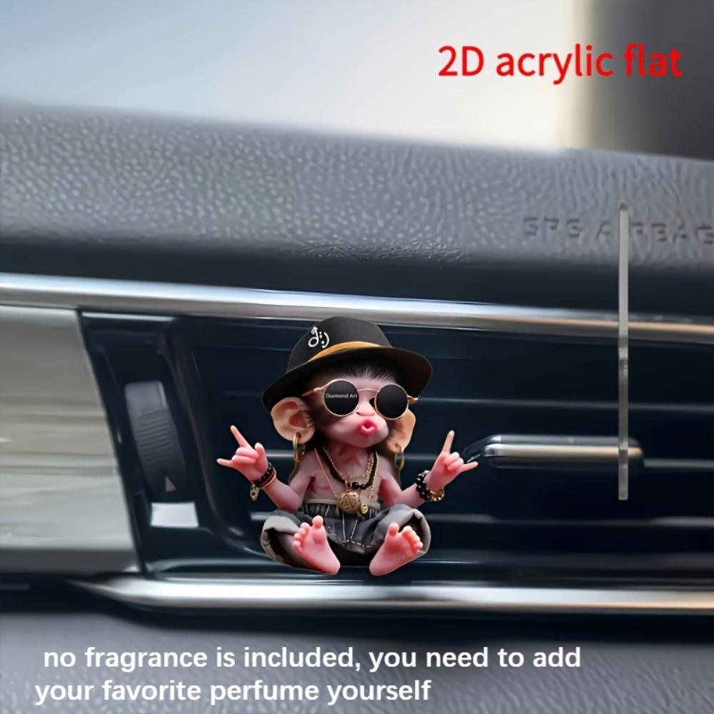 2D Flat, 2-pack Cute Hip-hop Monkey Car Air Vent Freshener Clips, Acrylic Aroma Diffuser with Pad, Stylish Car Interior,no Fragrance Is Included