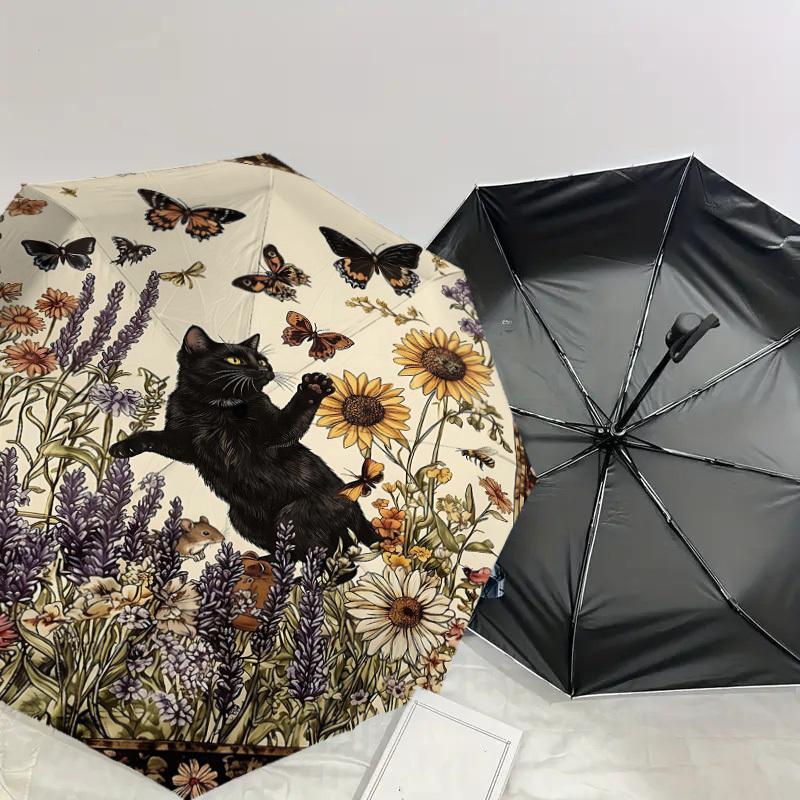 1PC cat, butterflies Umbrella-8-Rib Reinforced Portable Folding Travel Suitable for All Seasons Outdoor Daily Use Is an Ideal Choice -K0368