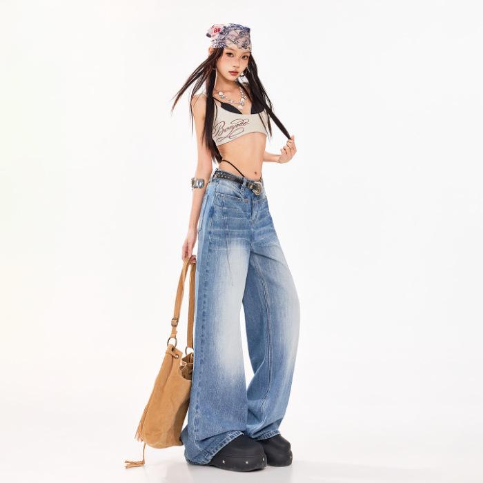 

Women s Textured Distressed Denim Jeans: Loose Fit, Wide-Leg, Floor-Length, New Spring/Autumn 2026 Style. XS