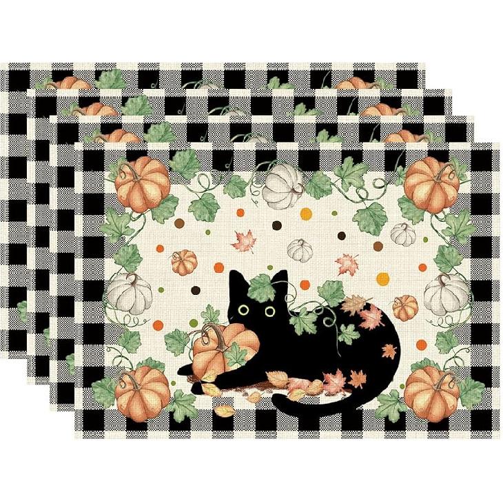 XCHI Fall Black Cat Pumpkin Plaid Placemats Set of 4 Table Mats for Party Home Kitchen Dining Table Decorations 12x18 Inch