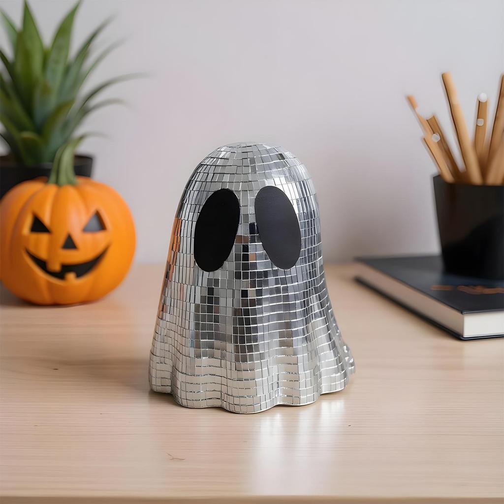Disco Ball Ghost Halloween Centerpiece Glitter Ghost Sign Decor Tiered Tray Ornaments for Fireplace Mantle Table Desk Home